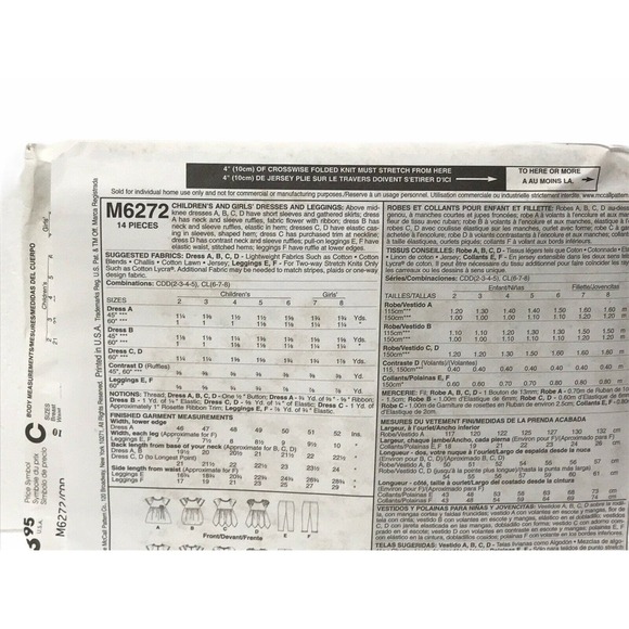 MCCALL'S M6272 Child's SIZES: 2,3,4,5; DRESSES, LEGGINGS TOPS Sewing Pattern - Picture 6 of 7